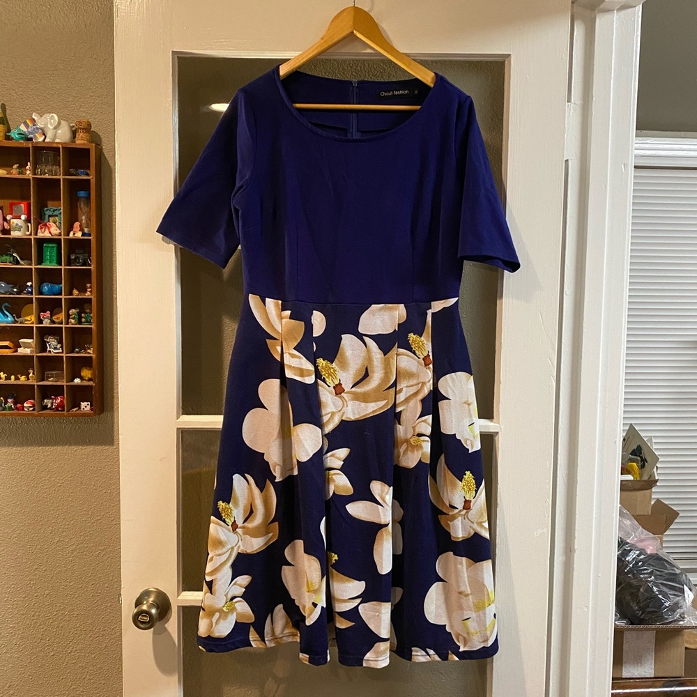 Navy Blue and Floral Oxiuli Fashion Dress, XL